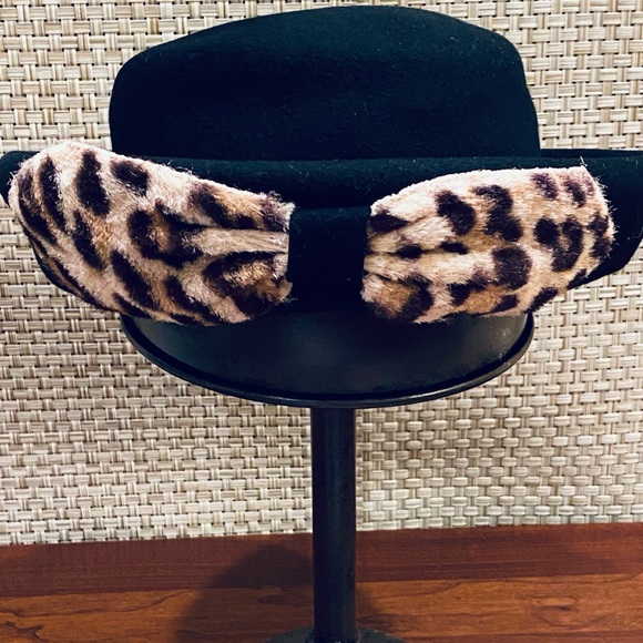 🌟2xHP🌟VTG 50s Fisk Black Wool & Leopard Print Bowler Hat - Picture 2 of 10